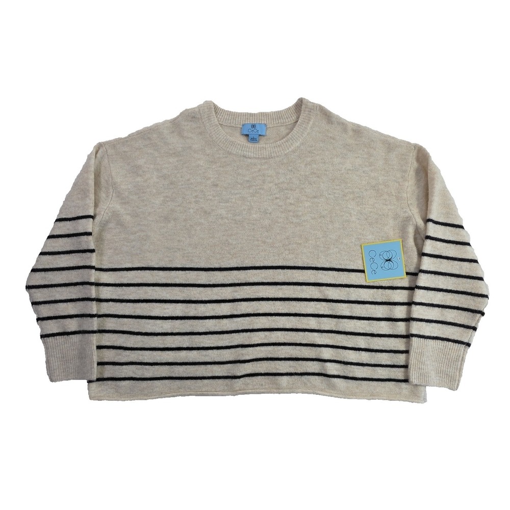 CeCe Striped Cropped Pullover Sweater Women's L Large Beige Brown Knit NWT